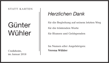 Traueranzeige von Günter Wühler von Hohenloher Tagblatt