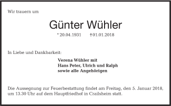 Traueranzeige von Günter Wühler von Hohenloher Tagblatt