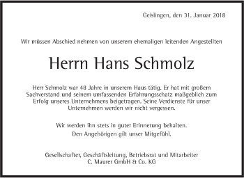 Traueranzeige von Hans Schmolz von Geislinger Zeitung