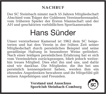 Traueranzeige von Hans Sünder von Haller Tagblatt