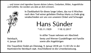 Traueranzeige von Hans Sünder von Haller Tagblatt