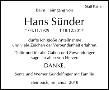 Traueranzeige von Hans Sünder von Haller Tagblatt