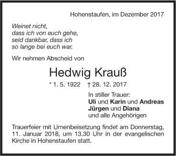 Traueranzeige von Hedwig Krauß von NWZ Neue Württembergische Zeitung