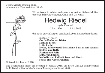 Traueranzeige von Hedwig Riedel von Hohenloher Tagblatt