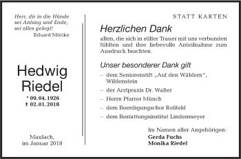 Traueranzeige von Hedwig Riedel von Hohenloher Tagblatt