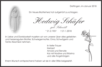 Traueranzeige von Hedwig Schäfer von Metzinger-Uracher Volksblatt