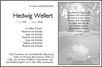 Traueranzeige von Hedwig Wellert von NWZ Neue Württembergische Zeitung