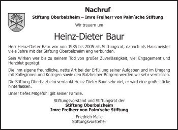 Traueranzeige von Heinz-Dieter Baur von Illertal Bote