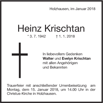 Traueranzeige von Heinz Krischtan von NWZ Neue Württembergische Zeitung