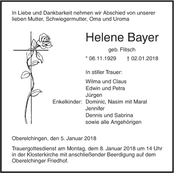 Traueranzeige von Helene Bayer von SÜDWEST PRESSE Ausgabe Ulm/Neu-Ulm