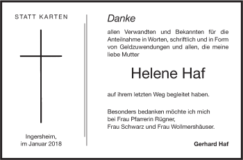 Traueranzeige von Helene Haf von Hohenloher Tagblatt