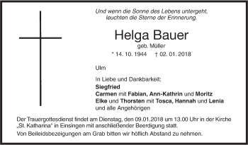 Traueranzeige von Helga Bauer von SÜDWEST PRESSE Ausgabe Ulm/Neu-Ulm