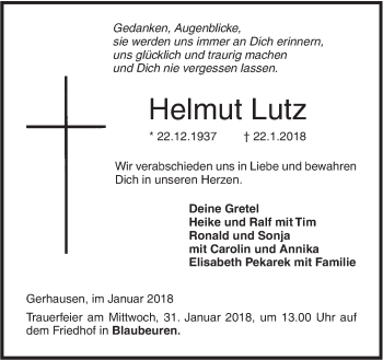 Traueranzeige von Helmut Lutz von SÜDWEST PRESSE Ausgabe Ulm/Neu-Ulm