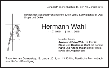 Traueranzeige von Hermann Wahl von NWZ Neue Württembergische Zeitung