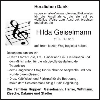 Traueranzeige von Hilda Geiselmann von SÜDWEST PRESSE Ausgabe Ulm/Neu-Ulm