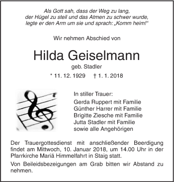 Traueranzeige von Hilda Geiselmann von SÜDWEST PRESSE Ausgabe Ulm/Neu-Ulm