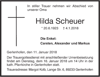 Traueranzeige von Hilda Scheuer von SÜDWEST PRESSE Ausgabe Ulm/Neu-Ulm