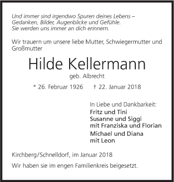 Traueranzeige von Hilde Kellermann von Hohenloher Tagblatt