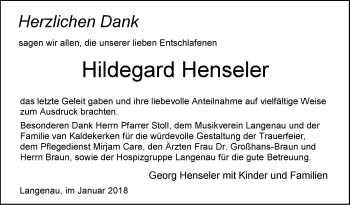 Traueranzeige von Hildegard Henseler von SÜDWEST PRESSE Ausgabe Ulm/Neu-Ulm