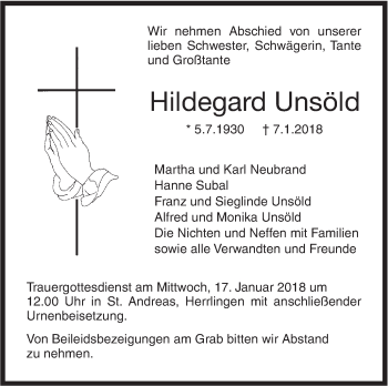 Traueranzeige von Hildegard Unsöld von SÜDWEST PRESSE Ausgabe Ulm/Neu-Ulm