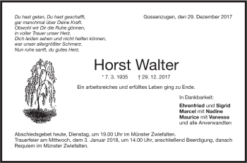 Traueranzeige von Horst Walter von Alb-Bote/Metzinger-Uracher Volksblatt