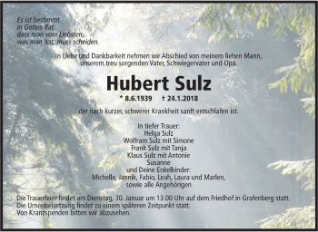 Traueranzeige von Hubert Sulz von Metzinger-Uracher Volksblatt