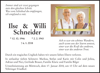 Traueranzeige von Ilse und Willi Schneider von SÜDWEST PRESSE Ausgabe Ulm/Neu-Ulm