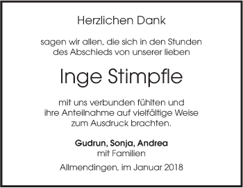 Traueranzeige von Inge Stimpfle von Ehinger Tagblatt