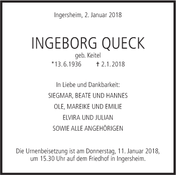 Traueranzeige von Ingeborg Queck von Hohenloher Tagblatt