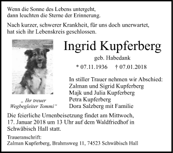 Traueranzeige von Ingrid Kupferberg von Haller Tagblatt