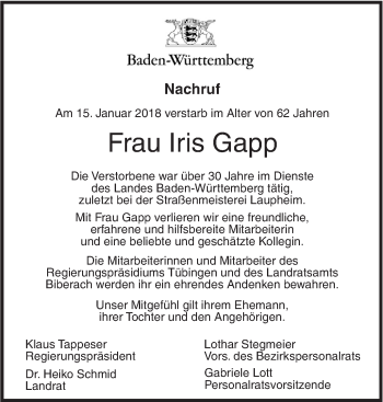 Traueranzeige von Iris Gapp von SÜDWEST PRESSE Ausgabe Ulm/Neu-Ulm