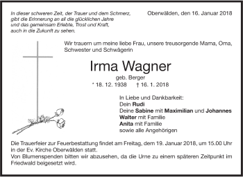 Traueranzeige von Irma Wagner von NWZ Neue Württembergische Zeitung