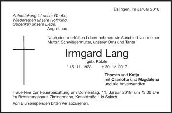 Traueranzeige von Irmgard Lang von NWZ Neue Württembergische Zeitung