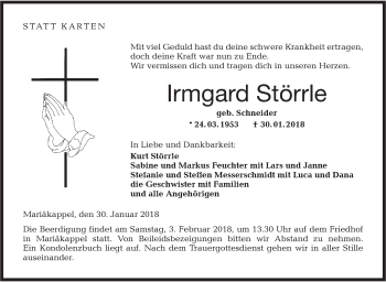 Traueranzeige von Irmgard Störrle von Hohenloher Tagblatt