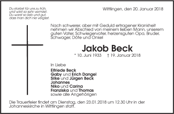 Traueranzeige von Jakob Beck von Metzinger-Uracher Volksblatt