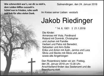 Traueranzeige von Jakob Riedinger von Hohenzollerische Zeitung