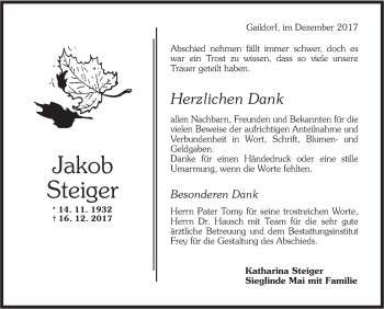 Traueranzeige von Jakob Steiger von Rundschau Gaildorf