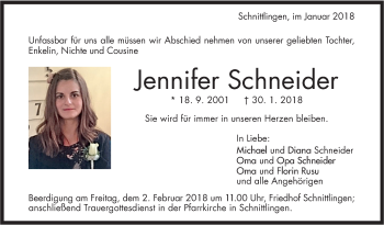 Traueranzeige von Jennifer Schneider von Geislinger Zeitung