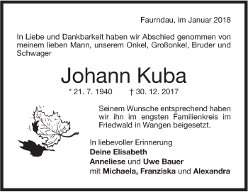 Traueranzeige von Johann Kuba von NWZ Neue Württembergische Zeitung