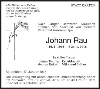 Traueranzeige von Johann Rau von Hohenloher Tagblatt