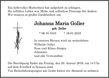 Traueranzeige von Johanna Maria Goller von SÜDWEST PRESSE Ausgabe Ulm/Neu-Ulm