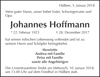 Traueranzeige von Johannes Hoffmann von Metzinger-Uracher Volksblatt