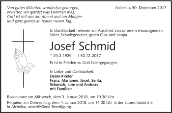 Traueranzeige von Josef Schmid von Alb-Bote/Metzinger-Uracher Volksblatt