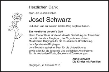 Traueranzeige von Josef Schwarz von SÜDWEST PRESSE Ausgabe Ulm/Neu-Ulm