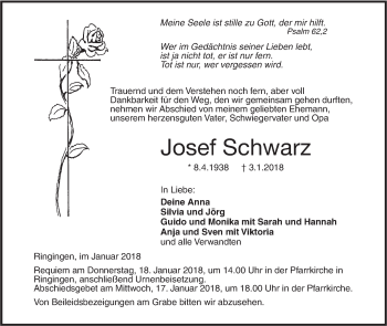 Traueranzeige von Josef Schwarz von SÜDWEST PRESSE Ausgabe Ulm/Neu-Ulm