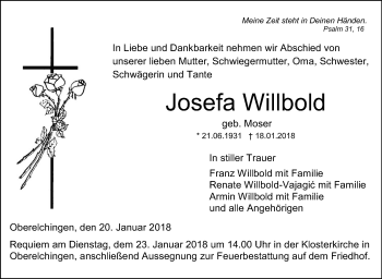 Traueranzeige von Josefa Willbold von SÜDWEST PRESSE Ausgabe Ulm/Neu-Ulm