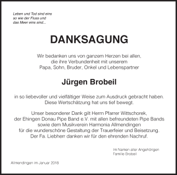 Traueranzeige von Jürgen Brobeil von Ehinger Tagblatt