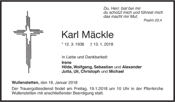 Traueranzeige von Karl Mäckle von SÜDWEST PRESSE Ausgabe Ulm/Neu-Ulm