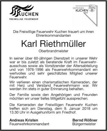 Traueranzeige von Karl Riethmüller von Geislinger Zeitung