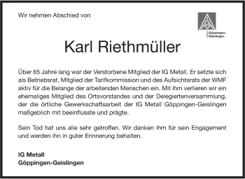 Traueranzeige von Karl Riethmüller von Geislinger Zeitung